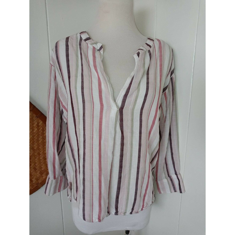 LOFT Lounge Shirt White plum‎ Stripes 3/4 Sleeve